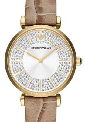 Emporio Armani Gianni T Bar Crystals Silver Dial Brown Leather Strap Watch For Women - AR11518